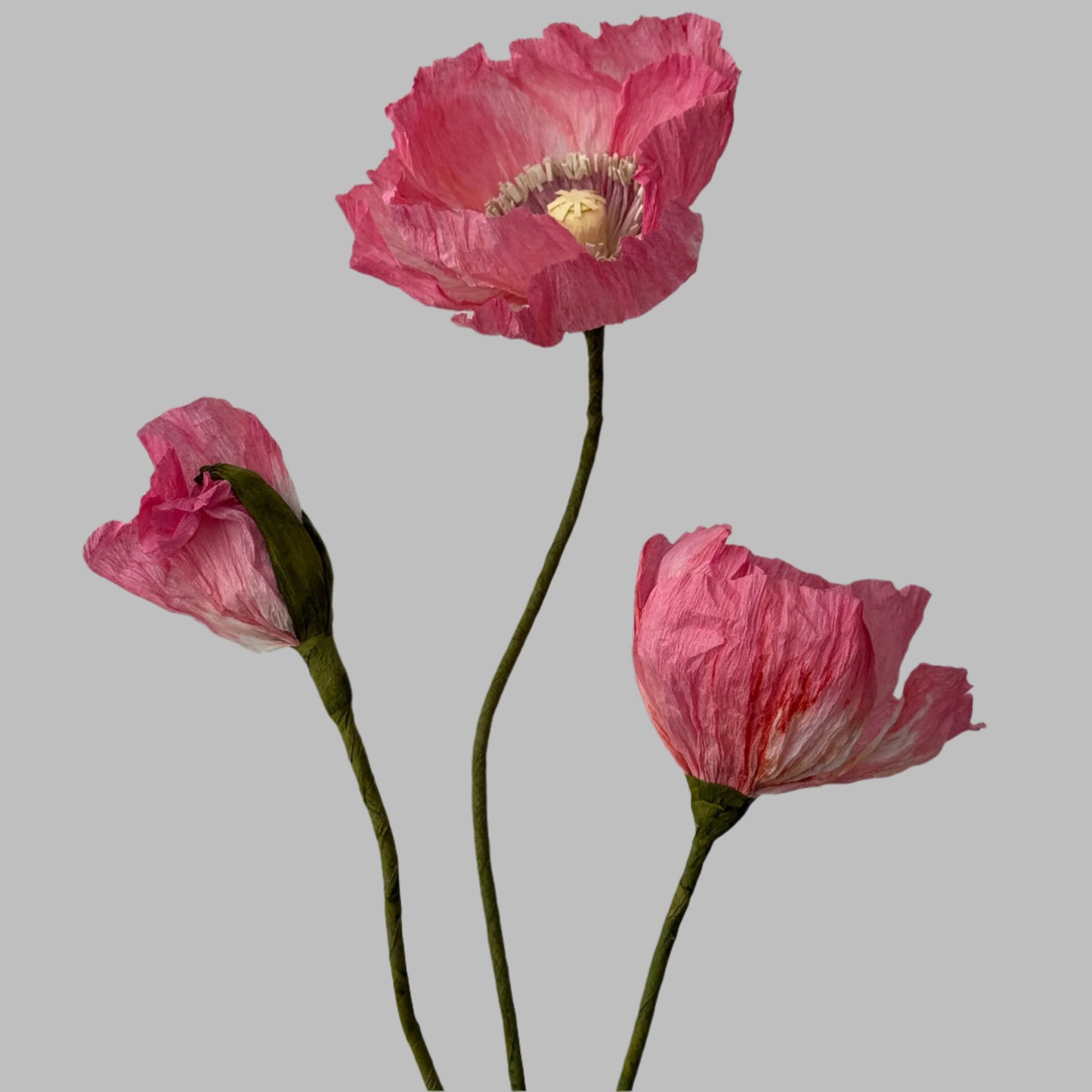 2 Poppies + 1 Bud - Pink w/ Purple Center
